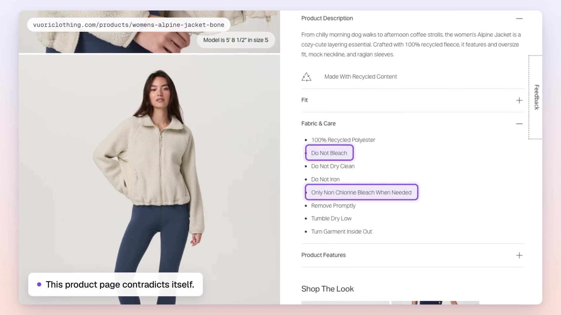 A product page whose care instructions contradict each other, flagged by Zenyt